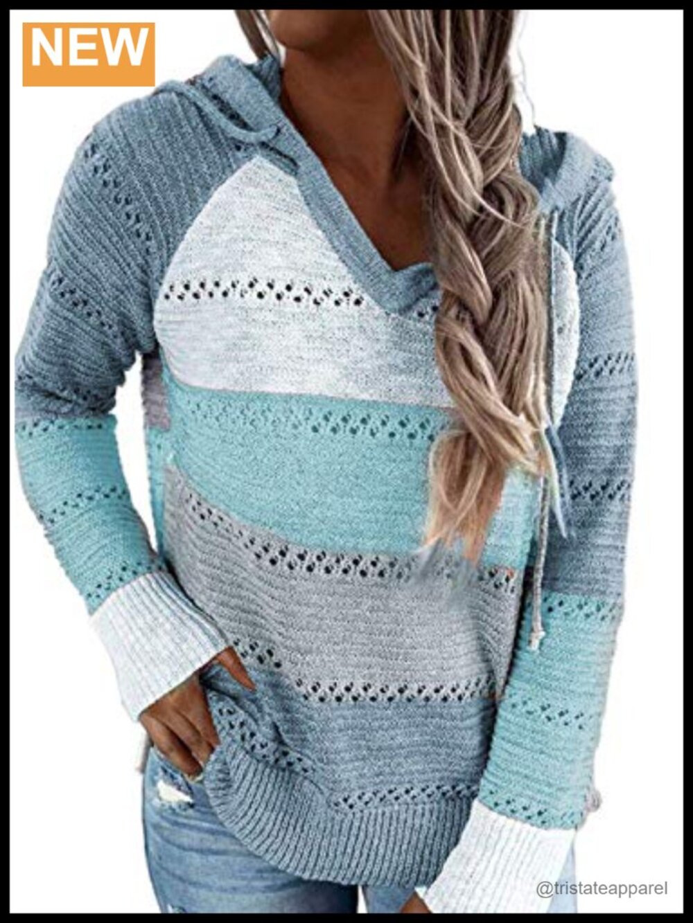 Striped Crochet Acrylic Sweater Hoodie Casual Pullover Loose Fit